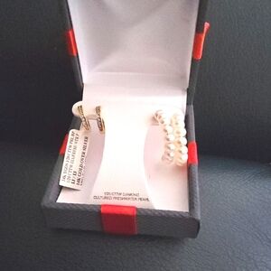 S923 Fresh Water Pearls And 14k Gold Plated With Diamonds 2pc Elegant Earrings